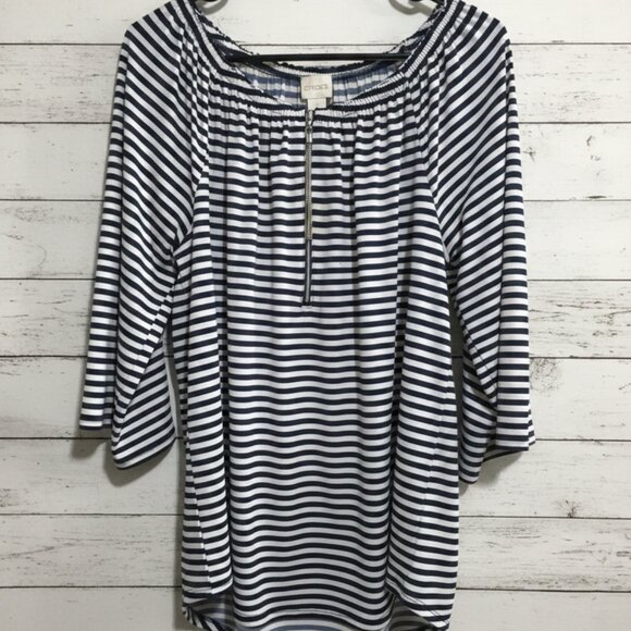 Chico's Size 1 (M/L) Black White Striped High Low Hem Top. - Picture 1 of 6